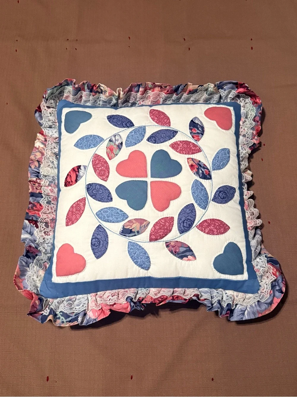 Cottagecore Decorative Heart & Leaf Appliqué Throw Pillow in Blue and Pink